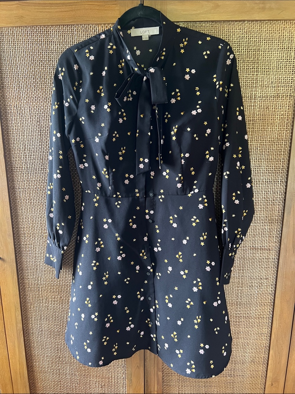 LOFT Black Floral Tie-Neck Mini Dress with Yellow & White Blossoms